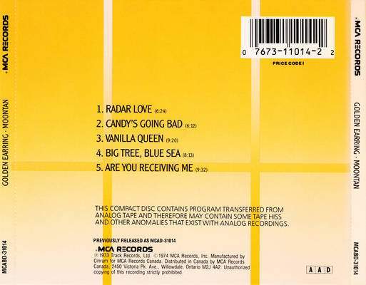 Golden Earring Moontan Canada CD MCA MCABD-31014 re-release label inlay back 1995
